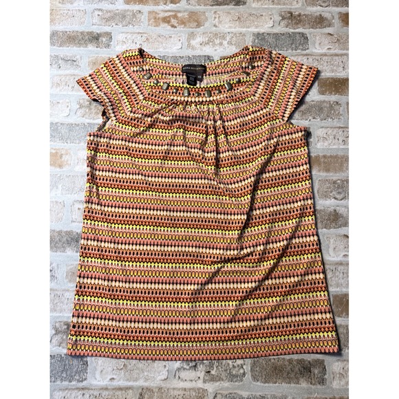 Dana Buchman Tops - Dana Buchman Womens XS Orange Geometric Beaded Neck Cap Sleeve Blouse Top
